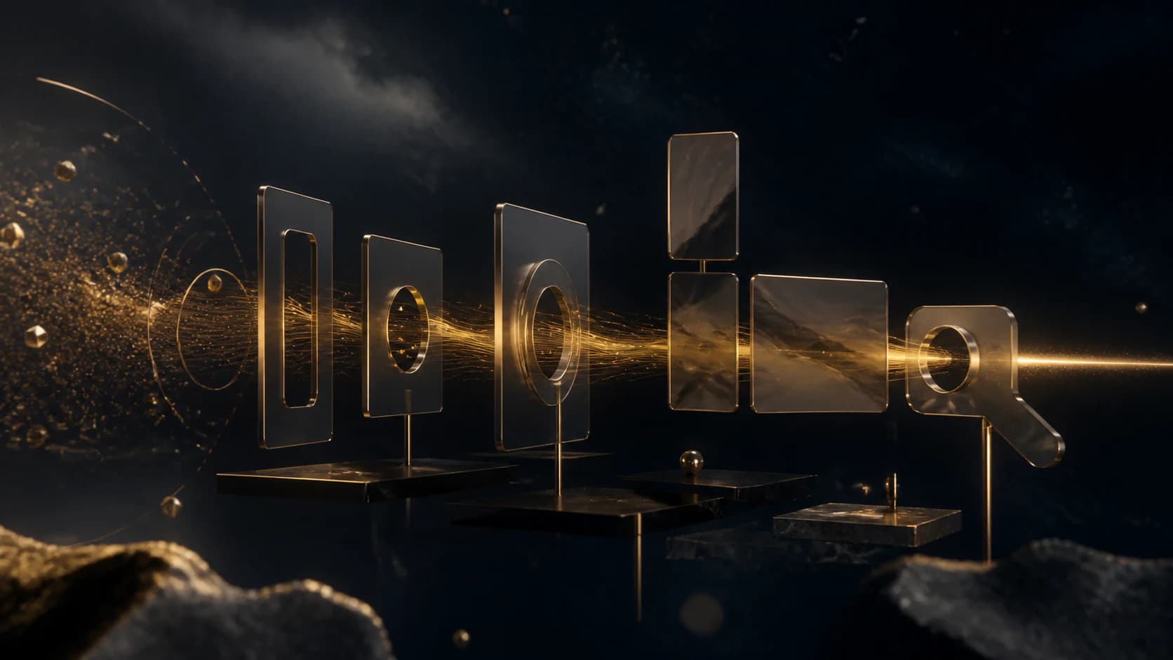 Campaign creative planes moving through a focused gold lattice