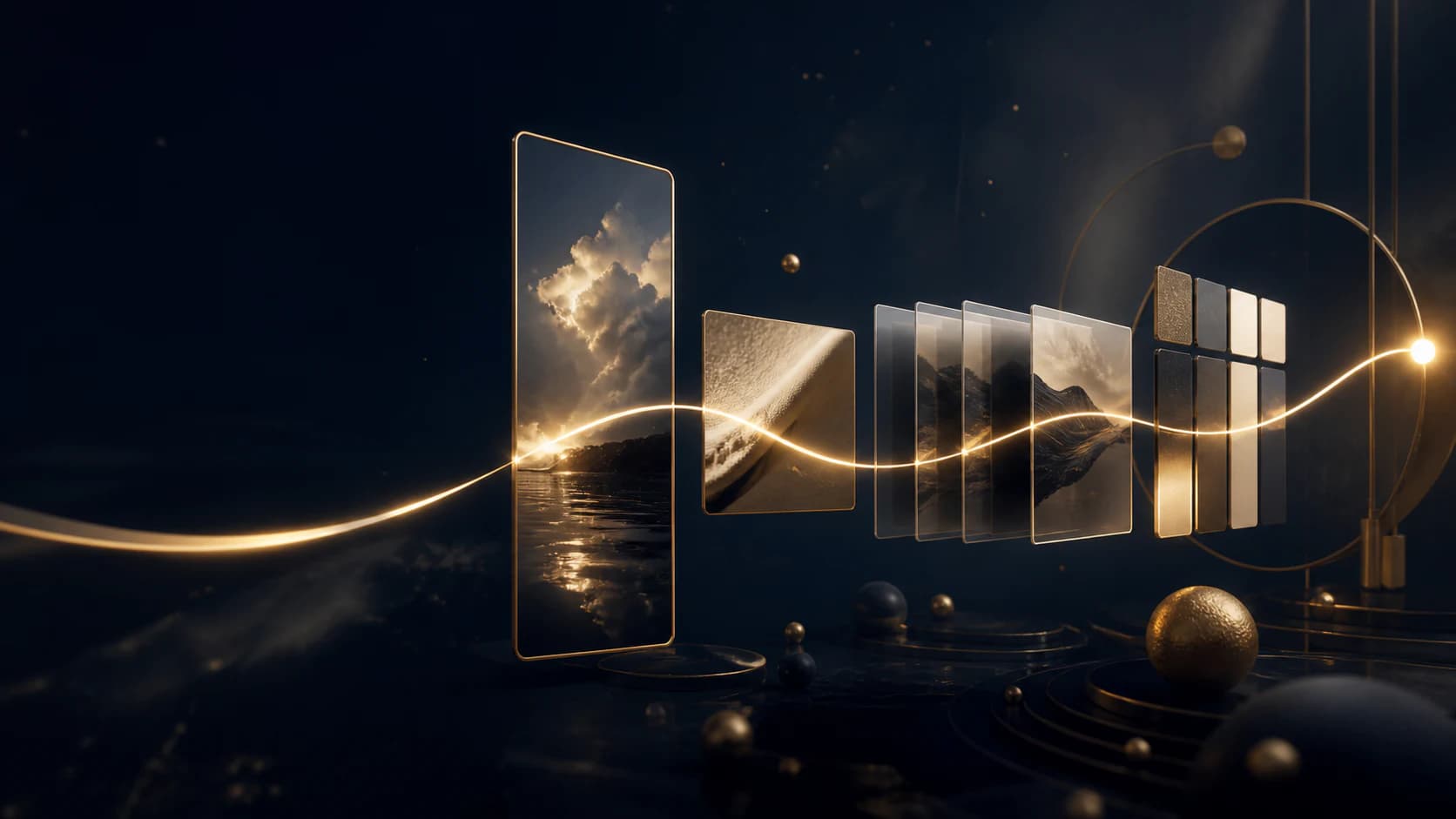 Layered social content frames connected by a gold signal