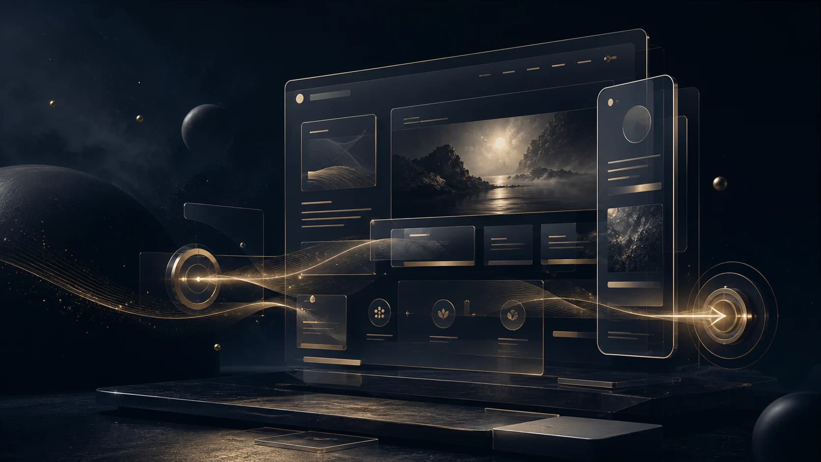 Desktop and mobile website surfaces assembled as one experience